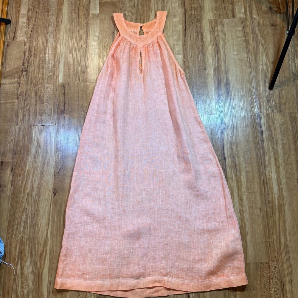120% Lino Orange Coral Round Halterneck Coastal Italian Limen Dress Eu 40 US 8